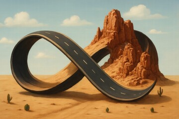 Fototapeta premium A surreal landscape featuring an infinite loop road intertwining with a rugged rock formation against a desert backdrop.
