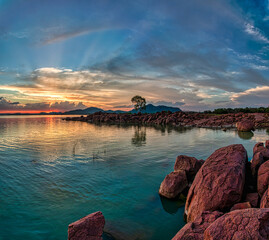 Sunset, Gaborone Dam, View southwest , Monalanong Hill in the far background ,South-East District , Botswana