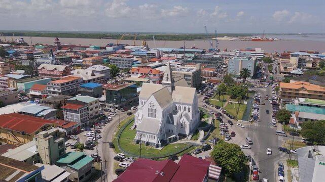 Aerial of St. George's Cathedral in city of Georgetown Guyana