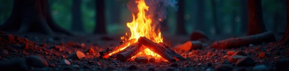 Crackling bonfire, glowing embers, forest night, rustic, campfire