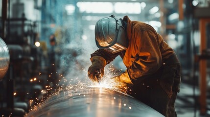 Welder in protective gear welding a large metal pipe with bright sparks in an industrial setting