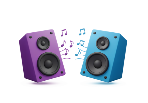 Colorful Purple and Blue Speakers Playing Music with Vibrant Notes isolated on transparent background PNG.