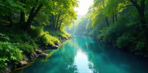 Obraz premium Azure river meanders through lush green canopy , day, reflection
