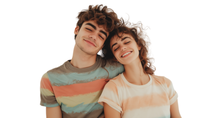 Couple in matching summer tees, leaning into each other, cheerful vibe, waist-up, white background, cinematic look