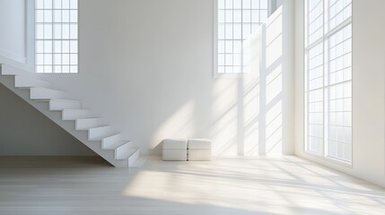 Obraz premium Bright white modern minimalist interior design with staircase windows and natural light for inspiration
