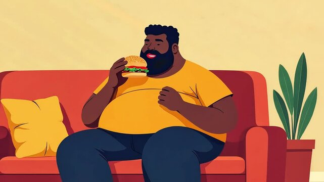Man eating burger sitting on sofa in his living room, cartoon vector style. Character showing love for fast food, concept of unhealthy lifestyle, fatty food, bad habits