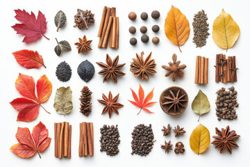 A variety of colorful spices scattered on a wooden table.