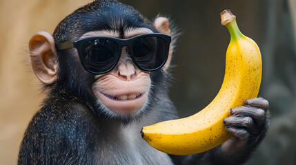 A playful chimpanzee wearing sunglasses, happily holding a bright yellow banana in its hand.