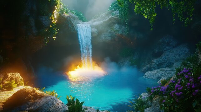 Waterfall gorge nature scene illustration