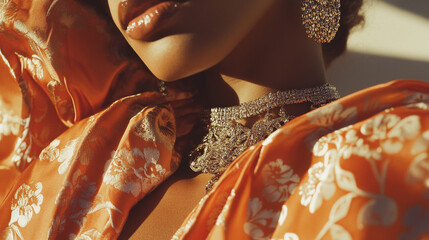 A close-up shot showcases a woman's lips with luxurious shine with a diamond necklace, earrings, and a patterned orange dress in the warm sunlight