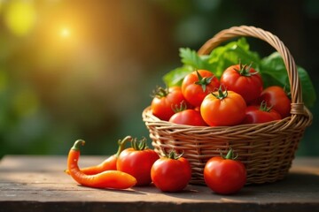 Sun-ripened tomatoes, plump peppers, overflowing wooden basket, agriculture, organic, harvest