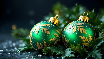 Two elegant green Christmas ornaments with golden leaf detailing and droplets.