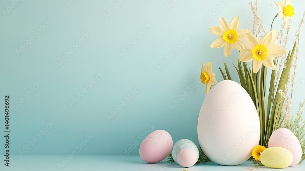 Poster pastel easter eggs with daffodils and greenery on a light blue background in studio setting