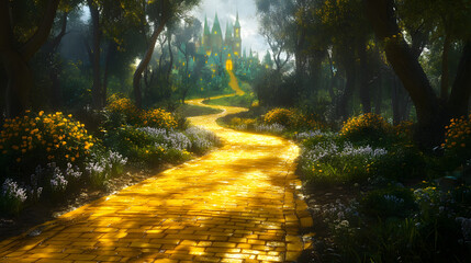 Obraz premium A vibrant yellow brick road winds through a magical forest, leading to an enchanting castle in the distance.