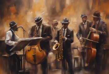 fragment is background painting brown oil stylish music scene jazzman saxophone band playing jazz close plays brush attractive canvas macro modern dreaming play cosy impressionism hat fine beautiful