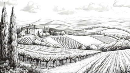 Fototapeta premium Black and white landscape of rolling hills with vineyards and a rustic farmhouse.
