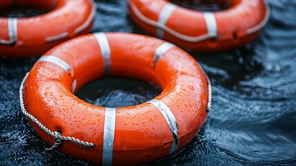 Close-up of orange lifebuoy floating on water. Rescue ring symbolizing water safety, preparedness and lifesaving action. Drowning prevention message. National Safety Day