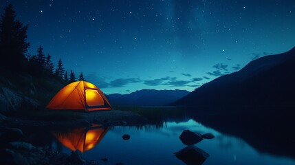 Night camping by lake under starry sky scenic view of illuminated tent and mountains outdoor adventure