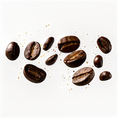 Floating Roasted Coffee Beans in Air – Macro Explosion on Transparent Background