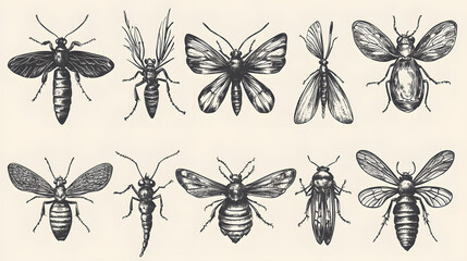 A beautifully illustrated collection of various insects, showcasing intricate details and unique features in black and white.