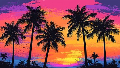 Tall palm trees silhouetted against a vibrant, colorful sunset blending pink, orange, and purple hues