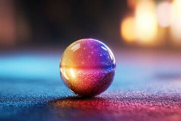 Colorful Spherical Orb on Dark Surface with Light Reflections
