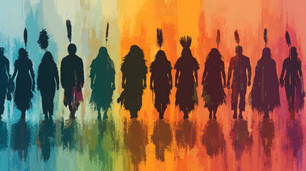 Silhouettes of individuals in traditional attire standing against a vibrant, abstract colorful background.