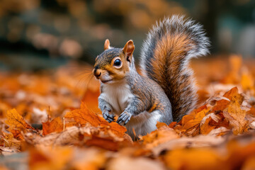 Squirrel perched on a mound of leaves, with a curious gaze.