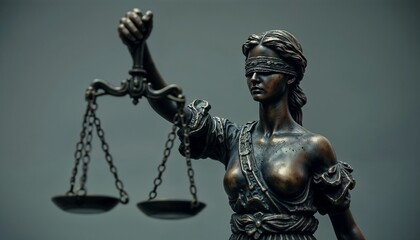 Bronze statue of Lady Justice holding scales blindfolded on dark background