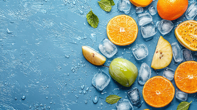 Fresh juicy orange slices pears and with ice cubes on a cool blue background perfect for summer drinks and refreshing recipes.