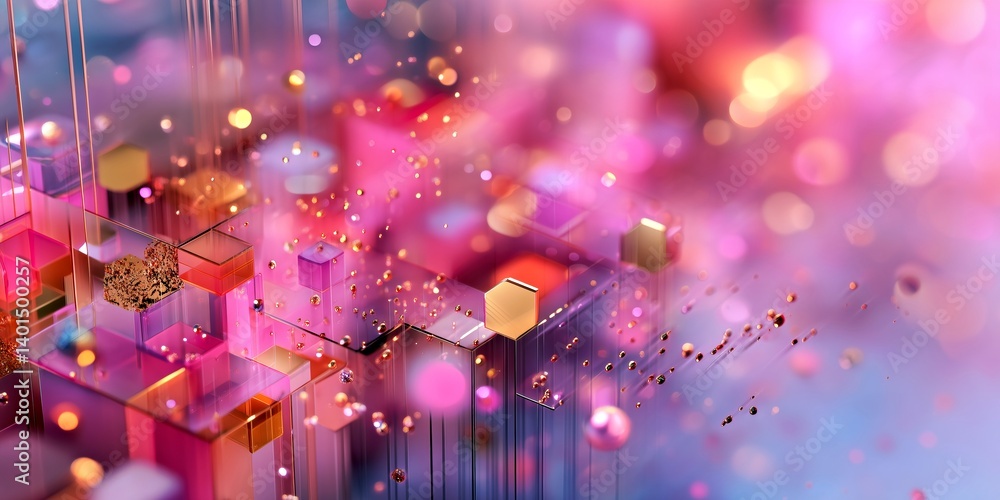 Poster colorful abstract design with geometric shapes and floating particles in a vibrant digital landscape