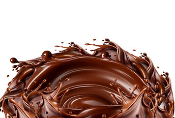 Sweet milk chocolate splash with drops, bubbles and blots. Melting liquid fluid crown drops. Isolated on white background. liquid Chocolate Rich and Creamy  wave Splash Flowing Elegantly