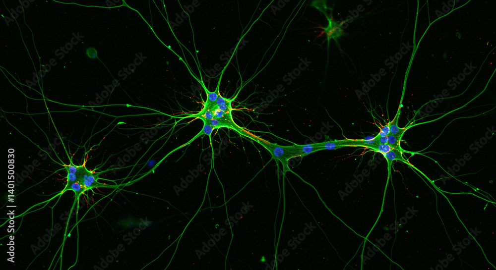 Poster neurons nerve cells with neuron structure showing green and blue fluorescent staining of nerve cells
