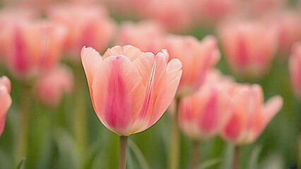Close-Up of Vibrant Pink Tulips with Delicate Petals and Hints of Yellow in a Natural Blooming Field Background.