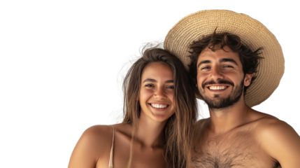 Couple with tanned skin and summer glow, close to each other, happy vibe,