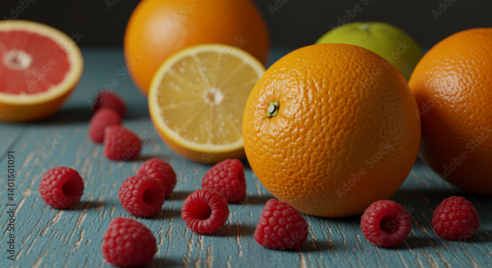 Poster fresh fruits featuring oranges grapefruit lemon lime and raspberries on a blue wooden surface creati