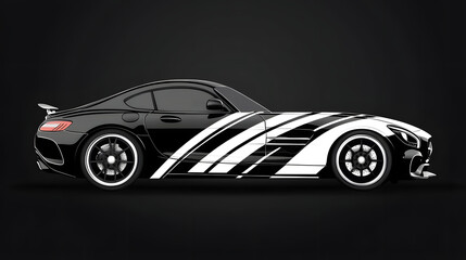A sleek black and white sports car with a bold stripe design, showcasing its aerodynamic form against a dark background.