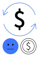 Dollar symbol with circular arrows indicating flow, a neutral face, and coin design. Ideal for finance, economy, saving, emotion in money matters, transactions, business models flat simple metaphor