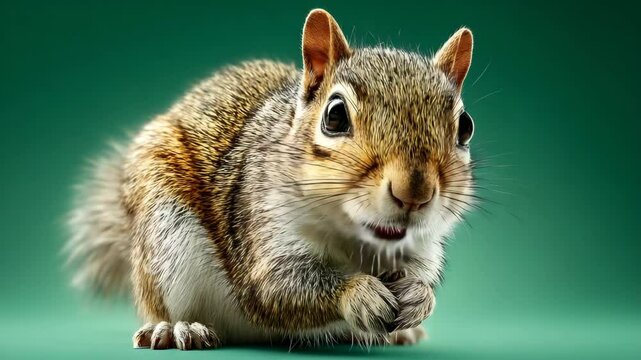 Close-up of a playful squirrel with bright eyes, set against a vibrant green background