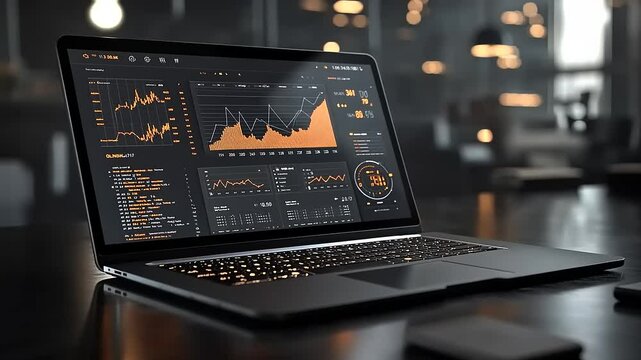 Laptop displaying data graphs and code against a blurred bokeh background. Business workspace vibe - Powered by Adobe