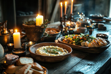 Naklejka premium Table set with food plates and lit candles.