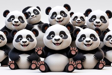 Obraz premium Delightful Three Dimensional Cartoon Panda Bears with Joyful Expressions on White Background