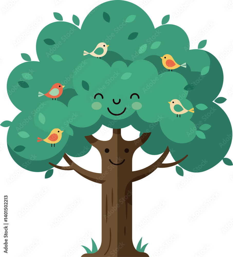 Poster happy tree with smiling face surrounded by colorful birds in flat vector art