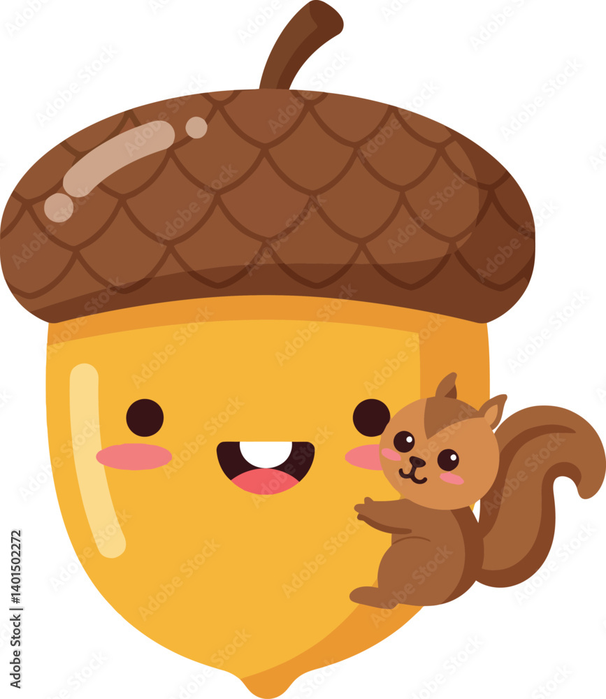 Poster cute smiling acorn with a playful squirrel in a flat and colorful style vector art
