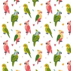 Children's seamless pattern with budgies of green, pink, blue and yellow colors, with feathers on the head of a parrots