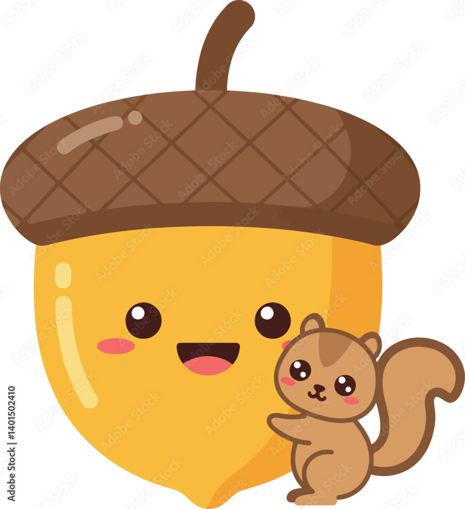 Poster cute squirrel hugging a smiling acorn in flat vector art style