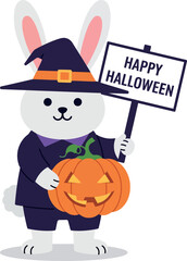 Cute rabbit in a witch costume holding a pumpkin with a Halloween sign, flat vector art
