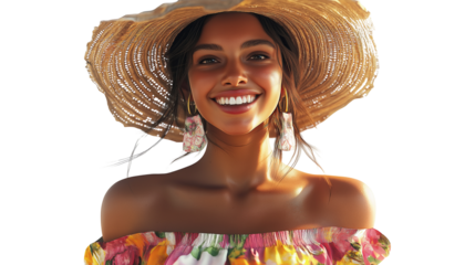 Woman in straw hat and floral top, bright summer smile, standing against white background