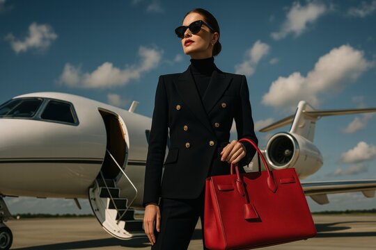 A stylish woman, dressed in a tailored suit and sunglasses, stands confidently by a private jet, holding a vibrant red handbag.