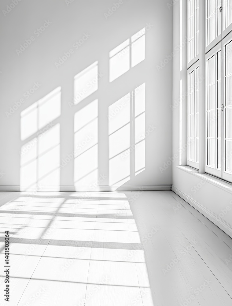 Poster light streaming through large windows illuminates a minimalist room with elegant moldings in soft mo